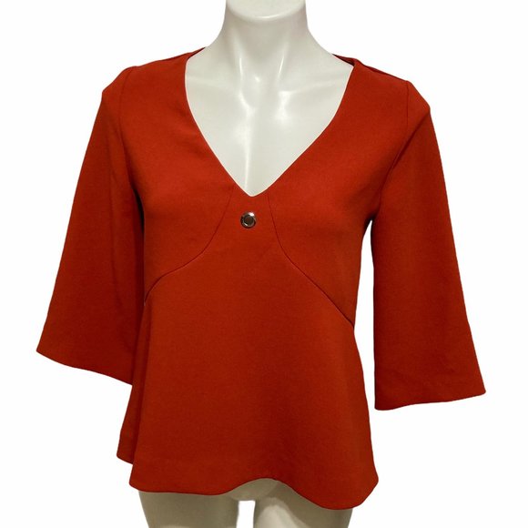 Veronika Maine V Neck Grommet Detail 3/4 Sleeve Burnt Orange Blouse - Picture 2 of 8